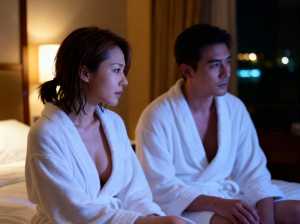 柔らかで温かみのある照明に照らされた、夜のホテルの部屋のベッドに座るバスローブを着た...。