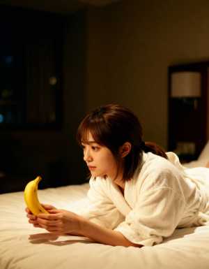 窓を背景にした薄暗い部屋で、白いバスローブを着た若い女性がバナナを持ってベッドに横た...。