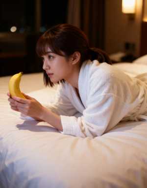 薄暗いホテルの部屋で、白いバスローブを着た若い女性がバナナを持ってベッドに横たわって...。