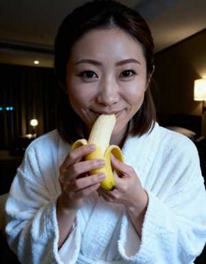 白いバスローブを着た若い女性がバナナを顔の前に持って幸せそうに微笑んでいる様子を、ク...。