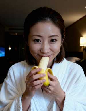 白いバスローブを着た若い女性が口の前にバナナを持ち、カメラに向かって微笑んでいる様子...。