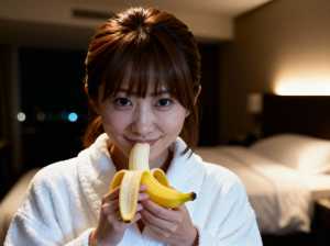 ホテルの部屋でバナナを持った白いバスローブを着た若い女性をクローズアップ カメラ ア...。