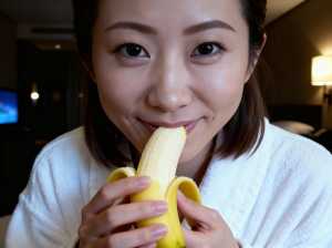 皮をむいたバナナを顔の前に持つ、中性的な表情の若いアジア人女性の接写。