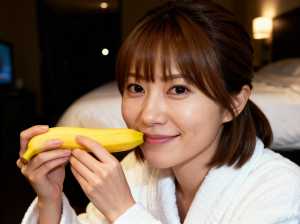 白いバスローブを着た若い女性が熟したバナナを顔の前に持って幸せそうに微笑んでいる様子...。