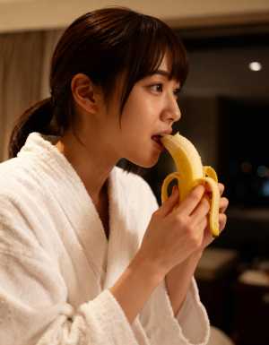 薄暗い部屋でバナナを食べる白いバスローブを着た若い女性。