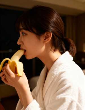 白いバスローブを着た若い女性がバナナを食べる様子を横顔カメラのアングルから写実的に撮...。