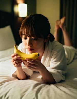 白いバスローブを着た若い女性がバナナを手にベッドに横たわっている様子を横から撮影した...。