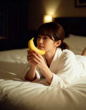 白いバスローブを着た若い女性がバナナを手にベッドに横たわっている様子を横から撮影した...。