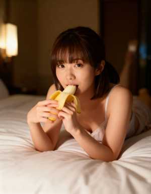 ベッドに横たわり、口の前にバナナを持っている若い女性を横から撮影した写実的な写真。