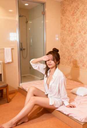 モダンなバスルームのベッドに座り、手で目を覆っている若い女性を横から撮った写実的な写真。