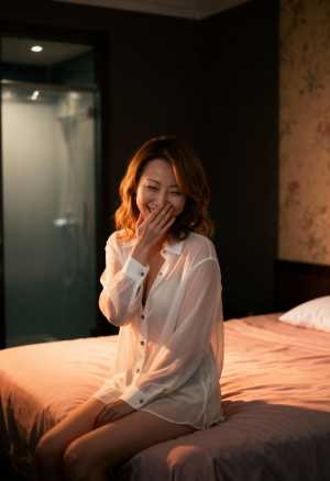 薄暗い部屋でベッドに座り、薄手の白いシャツを着た若い女性を正面から写実的に撮影した写真。