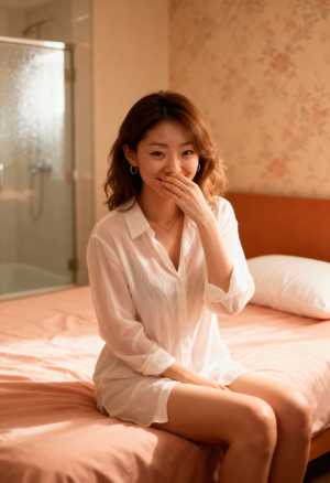 白いボタンダウンのシャツドレスを着てホテルの部屋のベッドに座っている若い女性を正面カ...。