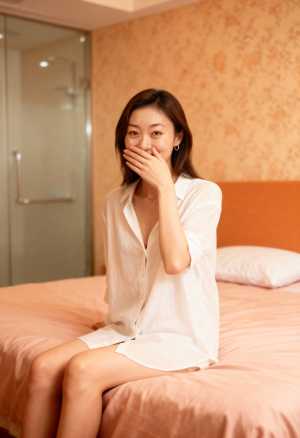 ホテルの部屋のベッドに座り、手で口を覆い、中立的な表情でカメラを直接見つめている若い...。