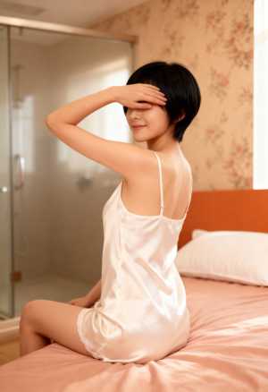 白いサテンのナイトガウンを着て、片手で髪を整えながらベッドに座っている若い女性を横か...。