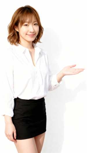 無地の白い背景の前に立ち、右手で何かを差し出している若いアジア人女性の写実的なポートレート。