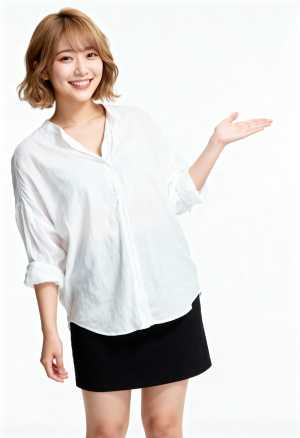 フレームの中央に立ち、フレンドリーな笑顔で何かを提示する若いアジア人女性の、全身カメ...。