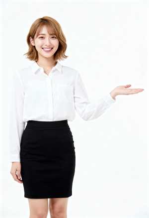 画像の中央に立って笑顔で何かを差し出すアジア系の若い女性を、正面カメラのアングルから...。