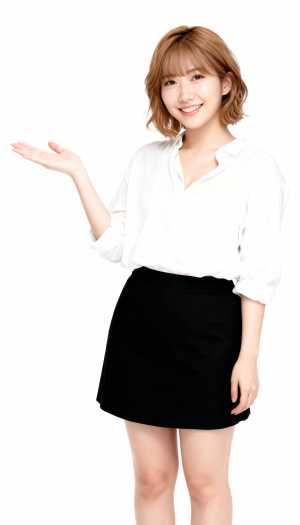 画像の中央に立ち、笑顔で何かを差し出す若い女性を正面カメラのアングルから撮影した全身...。