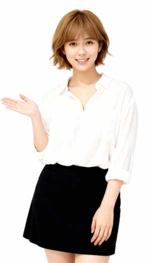 画像の中央に立ち、右手で友好的なジェスチャーを示している若いアジア人女性。