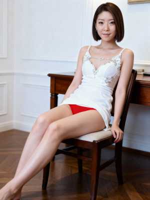 白いタンクトップと赤いパンティーを着て、フォーマルな環境で木製の椅子に座っている若い...。