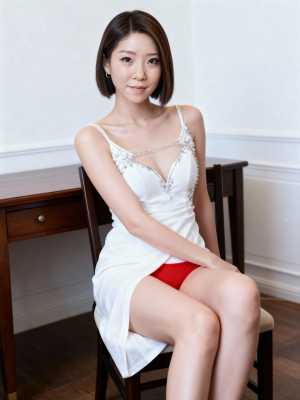 レースのディテールが施された白いドレスを着て、赤いパンティーを履いて木の椅子に座って...。