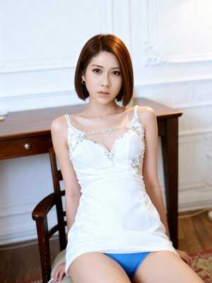 レースのディテールが付いた白いスリップ ドレスと青いパンティーを着て、居心地の良い部...。