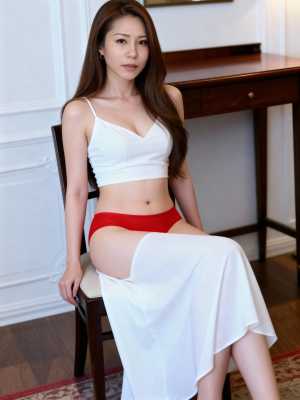 白いクロップトップと長い白いスカートを着て、フォーマルな環境で椅子に座っている若い女...。