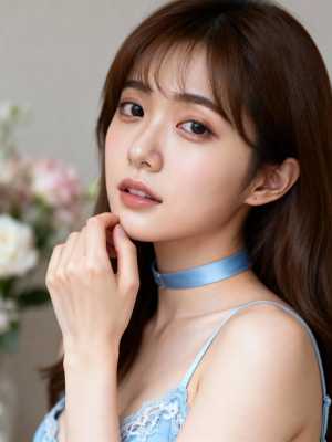 長くストレートな濃い茶色の髪と白い肌を持ち、水色のレースのブラジャーと青いサテンのチ...。