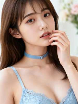 長くまっすぐな茶色の髪と白い肌を持ち、水色のレースのブラレットとチョーカーを身に着け...。