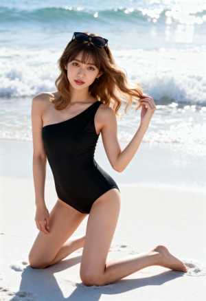 ビーチで黒いワンピース水着を着て、頭にサングラスをかけてポーズをとる若い女性を横から...。