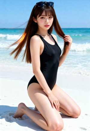 ビーチで黒い水着を着て、頭の上にサングラスをかけてポーズをとる若い女性を横から撮った...。