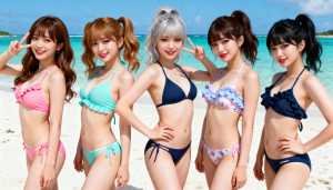 ターコイズブルーの海と澄んだ青い空を背景に、ビーチで水着姿でポーズをとる 5 人の若...。