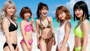 ビーチに一緒に立ち、ターコイズブルーの海と澄んだ青い空を背景に、明るく晴れた日に写真...。