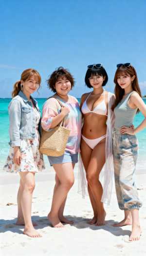 青緑色の水と澄んだ青い空を背景に、熱帯のビーチに一緒に立っている 4 人の若い女性。