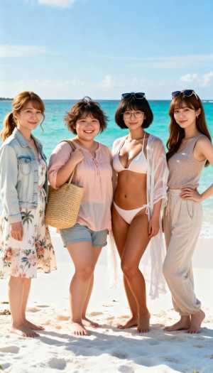 ターコイズブルーの海を背景に、晴れたビーチに一緒に立っている 4 人の若い女性を正面...。