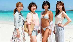 ターコイズブルーの海と澄んだ青い空を背景に、熱帯のビーチに一緒に立っている 4 人の...。