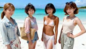 ターコイズブルーの海と澄んだ空を背景に、熱帯のビーチに一緒に立っている 4 人の若い...。