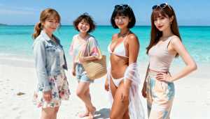 ターコイズブルーの海と澄んだ青い空を背景に、熱帯のビーチに一緒に立っている 4 人の...。