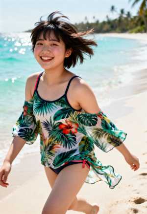 短い黒髪と陽気な表情をしたアジアの若い女の子が、ターコイズブルーの水とヤシの木を背景...。