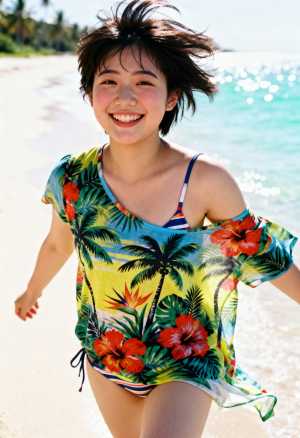 短い黒髪の若いアジア人女性が、赤い花とヤシの木が描かれたカラフルなトロピカル プリン...。