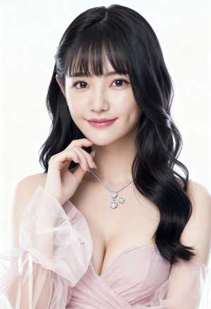 ウェーブのかかった長い黒髪と白い肌を持ち、薄手の袖が付いた繊細な淡いピンクのドレスと...。