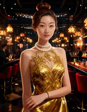 ポートレートカメラの角度から撮影された、豪華なバーにいる若い女性の写実的なポートレート。