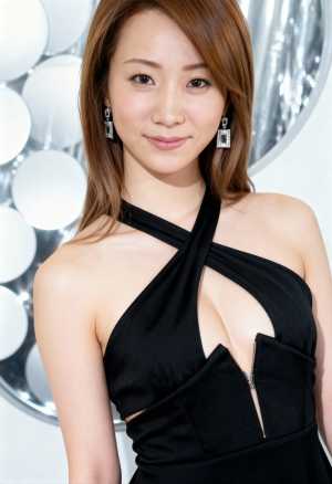 胸の谷間が見える、大きく開いたネックラインの黒いドレスを着た、長い茶色の髪を持つ若い...。