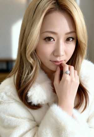 毛皮の襟が付いた白い毛皮のコートを着た、ウェーブのかかった長いブロンドの髪と茶色の目...。