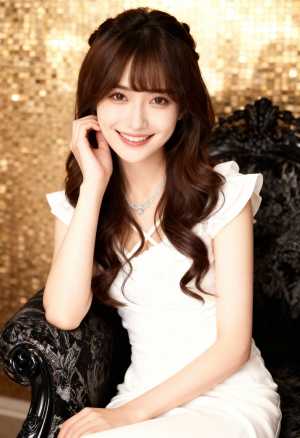 ゴールドのスパンコールの背景の前で、華やかな黒い椅子に座り、袖にフリルが付いた白いド...。