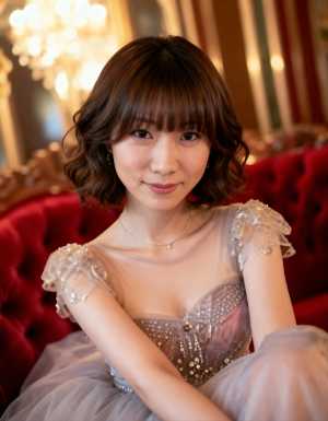 薄暗い部屋で豪華な赤いベルベットのソファに座っている若い女性のポートレート。