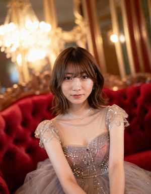 シャンデリアを背景にした豪華な部屋で、豪華な赤いベルベットのソファに優雅に座っている...。