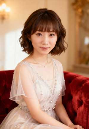 柔らかい照明のある豪華な部屋で、赤いベルベットのソファに座っているアジアの若い女性の...。