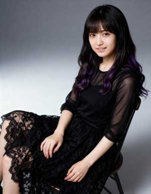 薄手の黒いトップスと長い黒いレースのスカートを着て、リラックスしたポーズで椅子に座っ...。