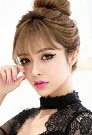 柔らかくぼやけた背景の前でポーズをとる、真剣な表情の若い女性のクローズアップポートレート。